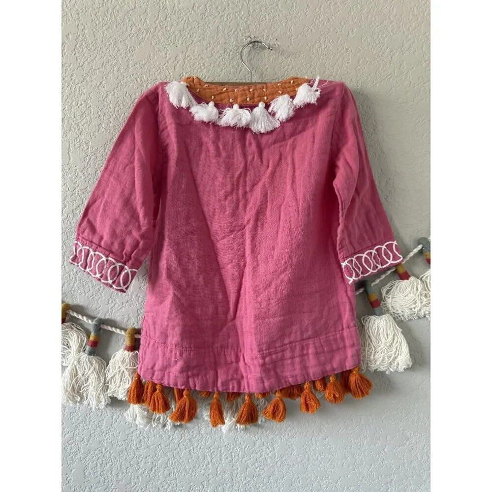Mer St. Barth Serena Tassel Embroidered Gauze Pink Mini Little Girl Dress Boho 4